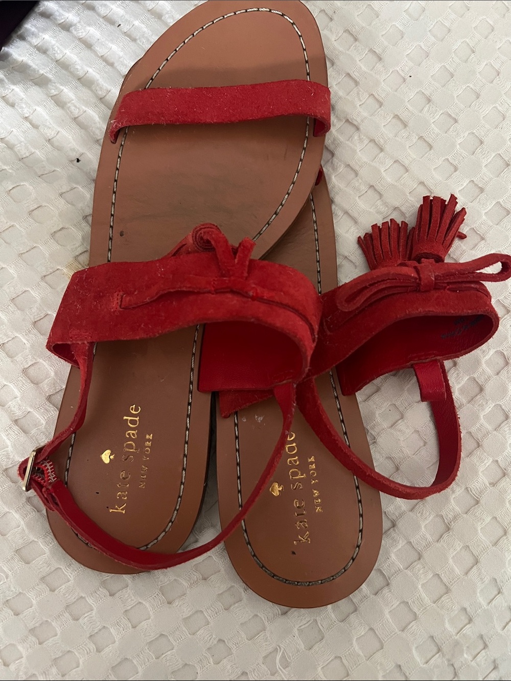 kate spade Red Suede Carlita Tassel Flat Sandals